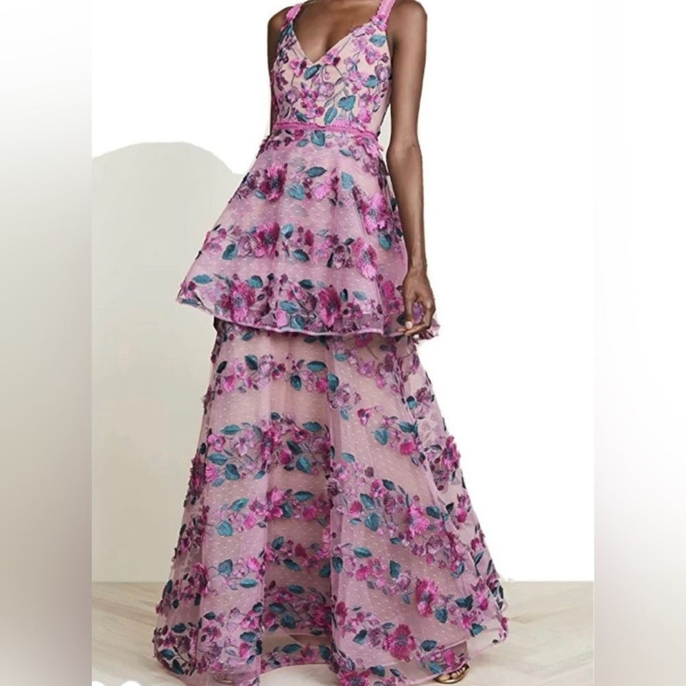 Marchesa notte Floral-embroidered Tiered Lace Gown in Pink and purple